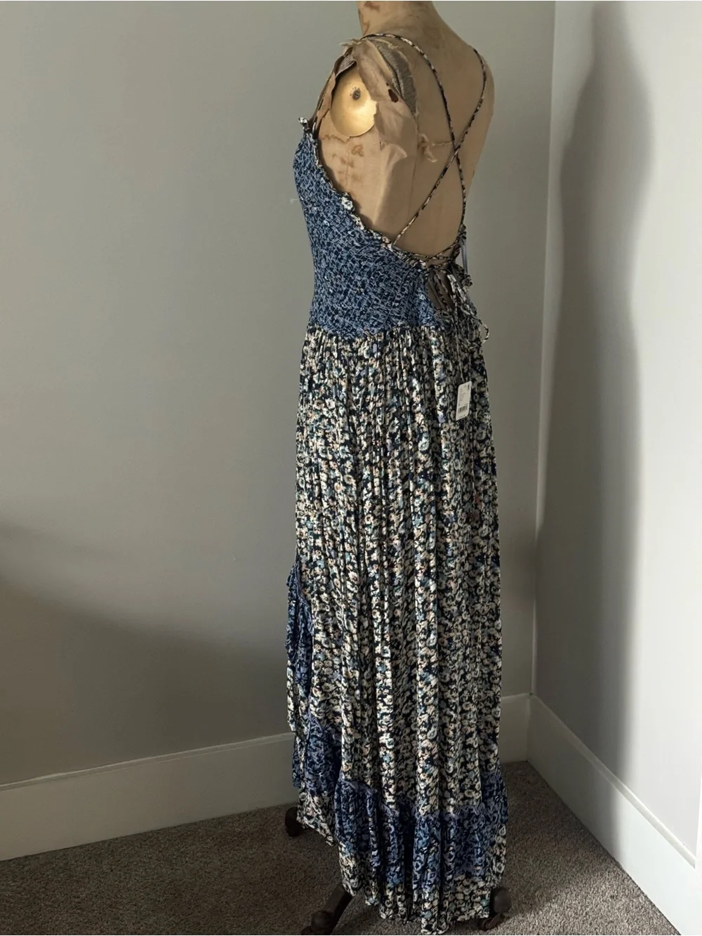 NWT Free People One I Love Floral Smocked Maxi Dress Denim, size Medium